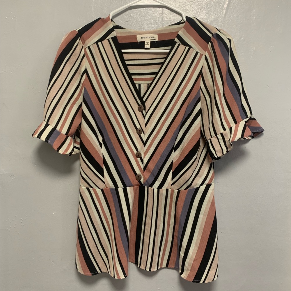 Monteau Multicolored Striped Short Sleeve Blouse Size Large